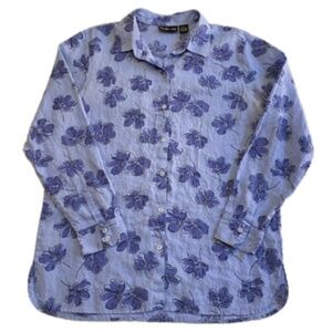 Style & Co. Linen Long Sleeves, Blue Floral, Button Down Blouse, Size Large